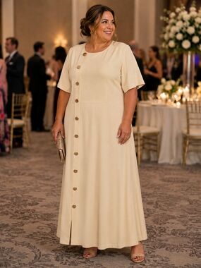 Eloquii Cream Short-Sleeve Maxi Dress with Asymmetric Button Size 24